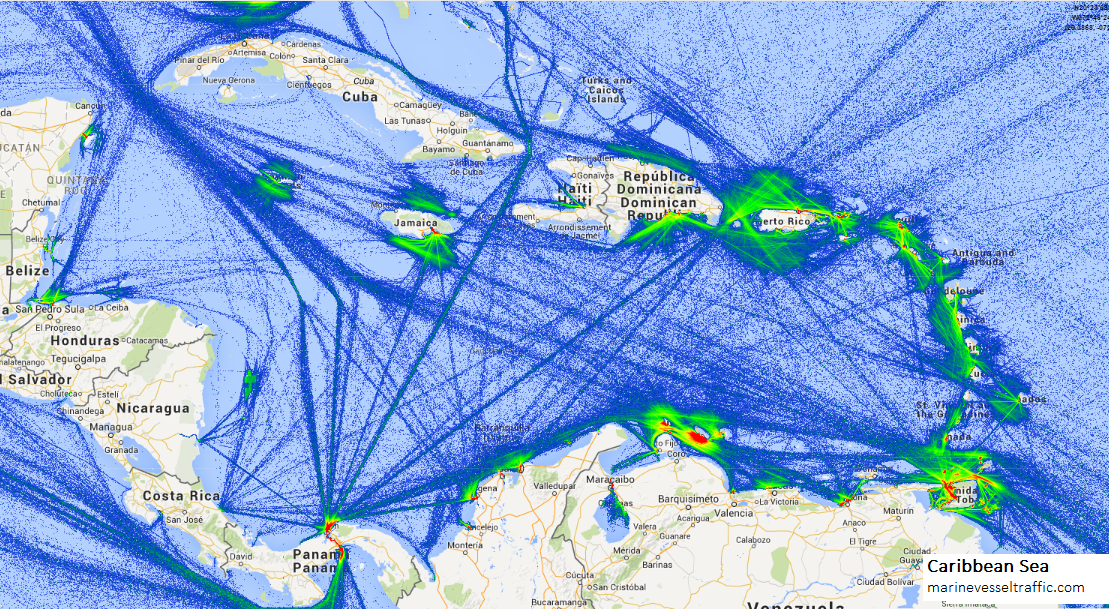 Live Marine Traffic, Density Map and Current Position of ships in CARIBBEAN SEA